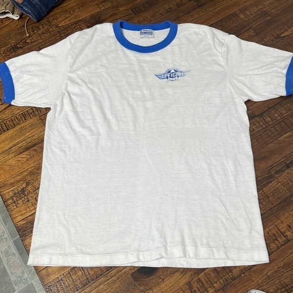 VTG 80’s Ringer 1984 Official Aviation Fair white with blue trim sz L - Picture 8 of 13
